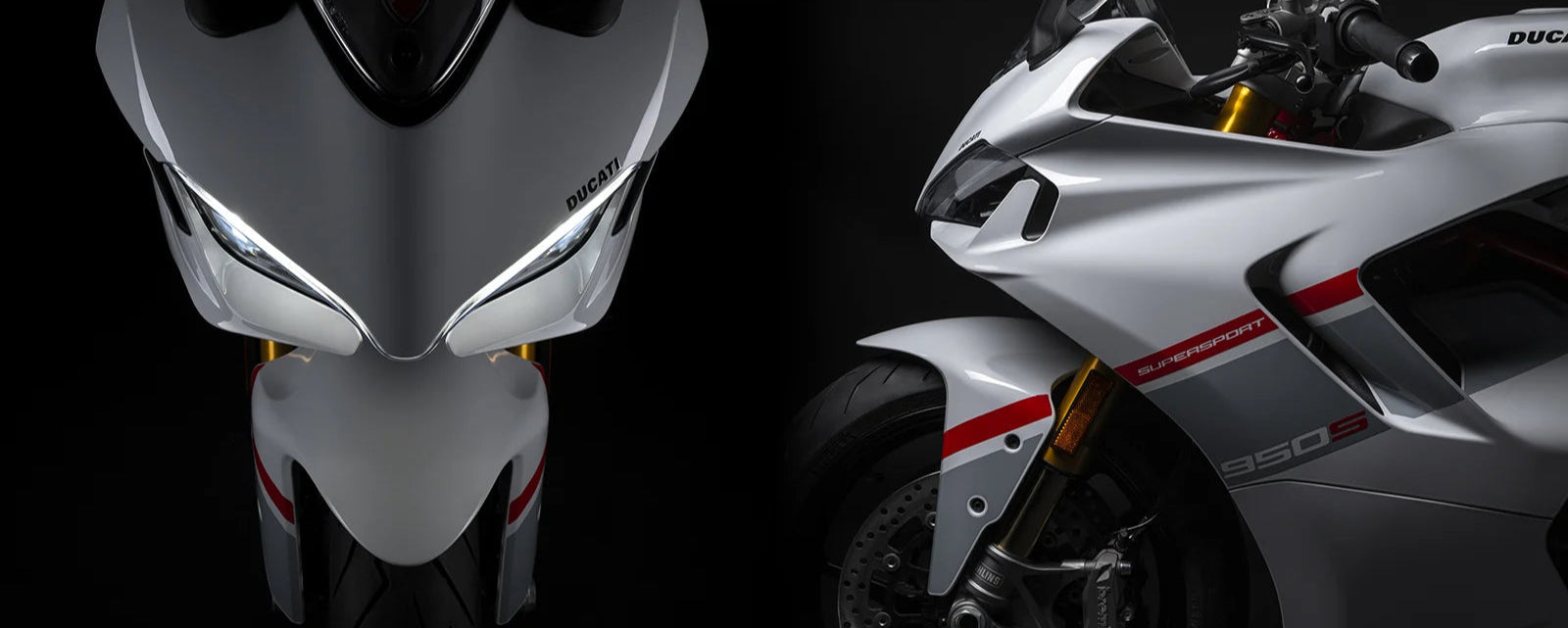 White Supersport Ducati motorcycle with red accents on a black background