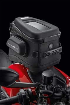 DUCATI TANK BAG WITH TANK-LOCK FASTENER.
