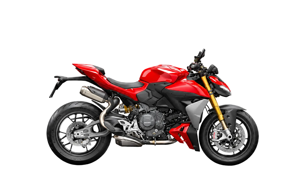 Red Ducati Streetfighter V2 S motorcycle with black body panels, gold front forks and sporty black alloy wheels, side view